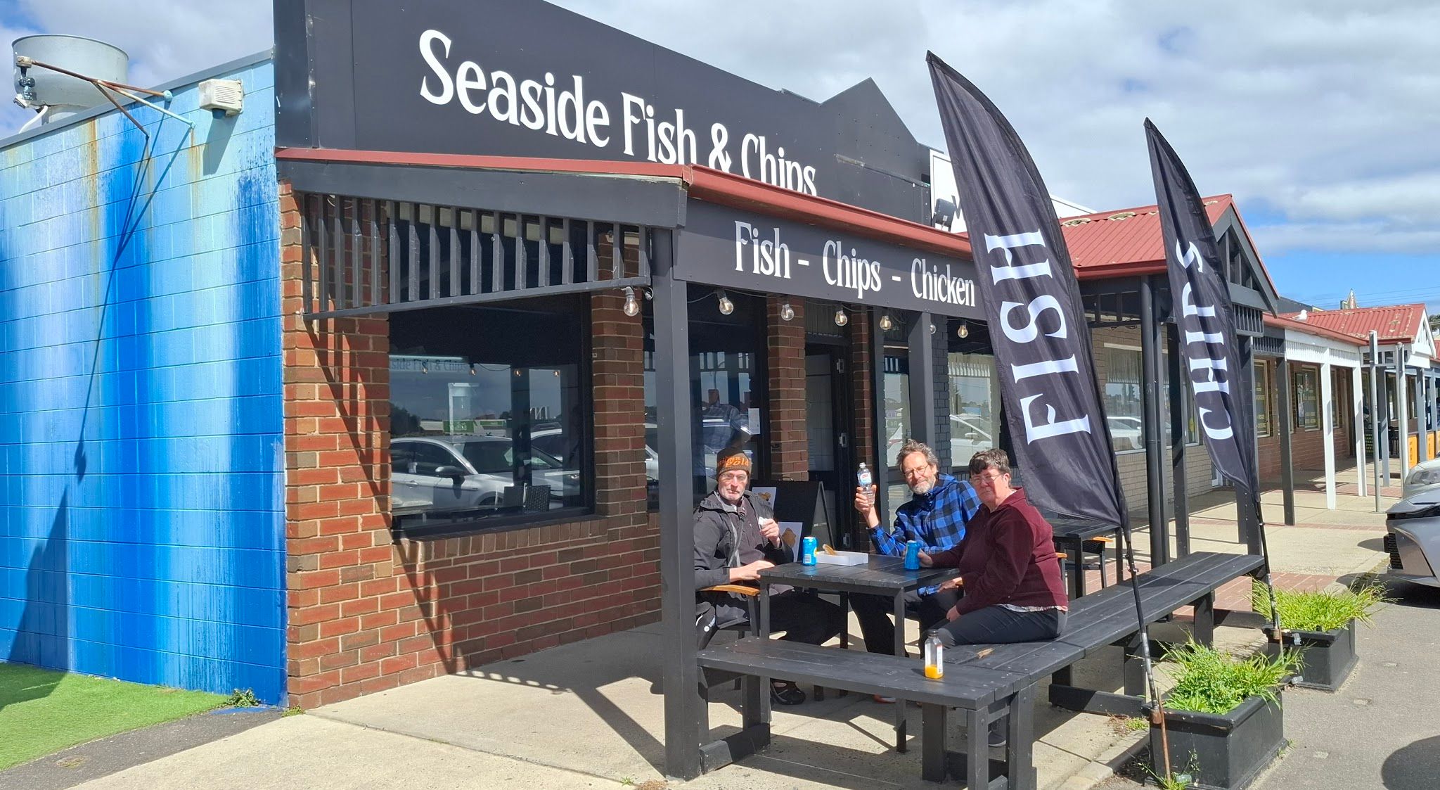 Seaside Fish and Chips Grantville storefront with customers